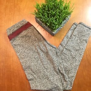 Full Length Grey Leggings With Burgundy Waistband